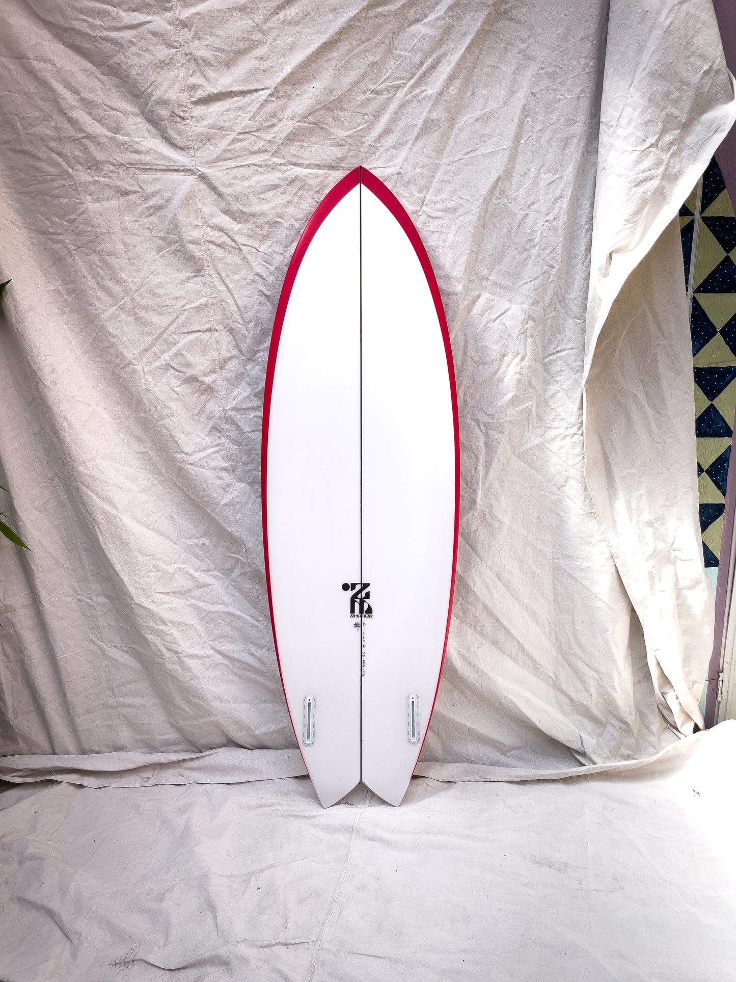 5'8 Mach 5 Twin Fish - White with Red Rails