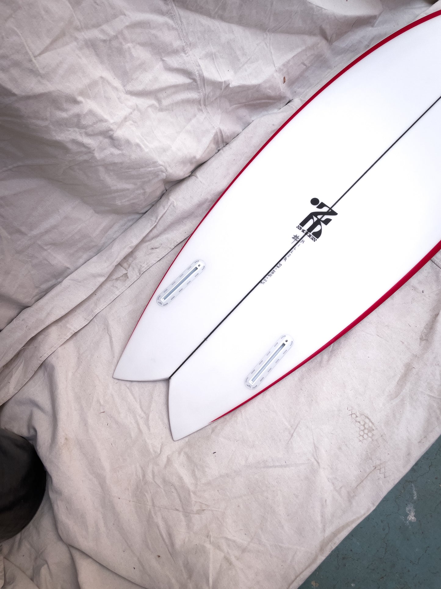 5'8 Mach 5 Twin Fish - White with Red Rails