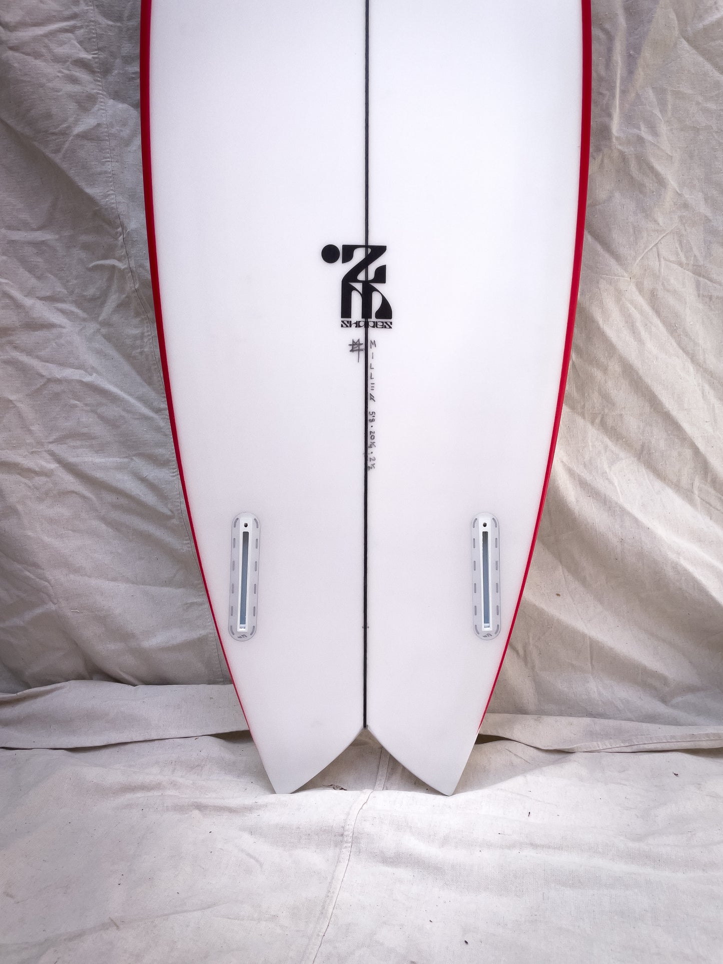 5'8 Mach 5 Twin Fish - White with Red Rails