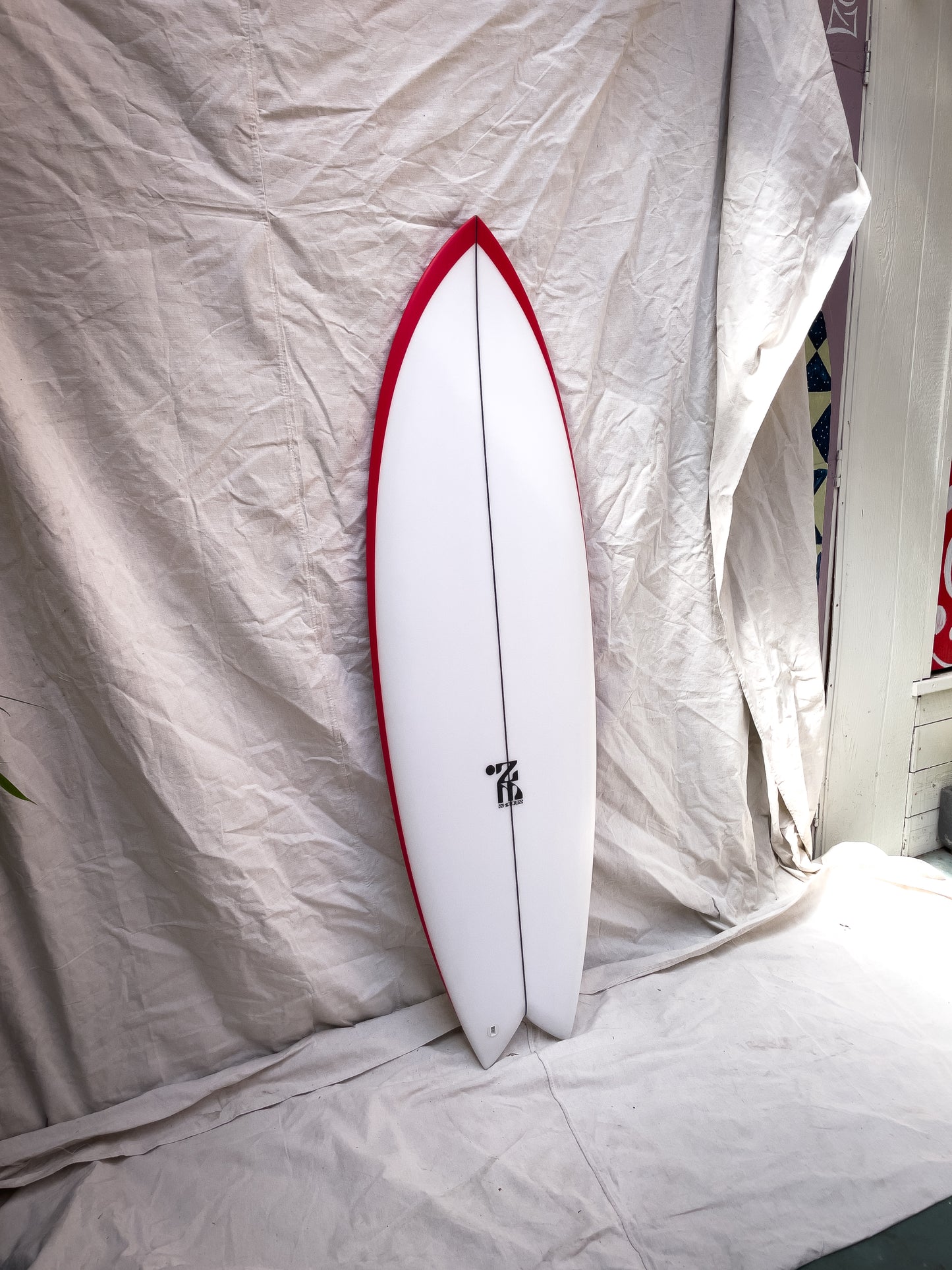 5'8 Mach 5 Twin Fish - White with Red Rails