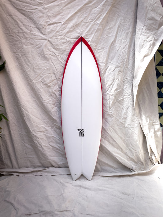 5'8 Mach 5 Twin Fish - White with Red Rails